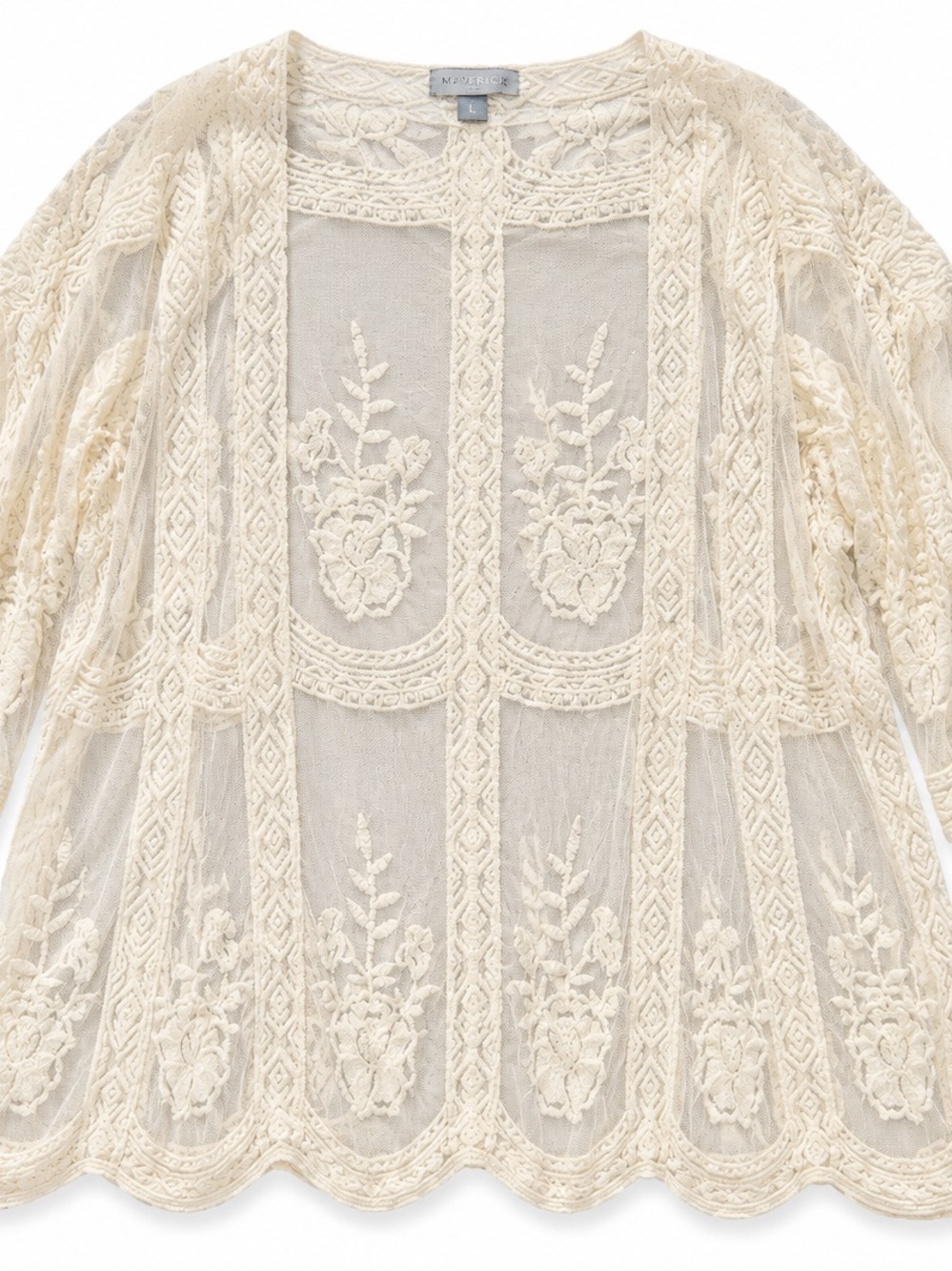 Maverick Cream Embroidered Lace Sheer Kimono Cardigan Size Large
